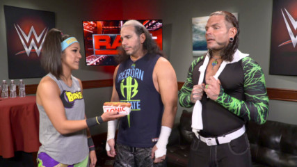 Bayley celebrates the return of Sonic Pretzel Dogs with The Hardy Boyz: Raw, July 24, 2017