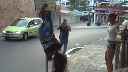 Hot Russian girls dancing on a street sign