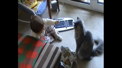 Бебе си играе с котка и се смее много