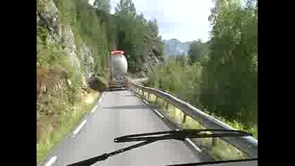 Volvo Fh16 truck on a verry small road in Norway. (low)