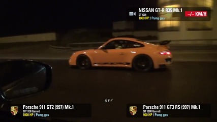 Битката на супер автомобилите - Porsche 9ff Gt3 Rs, 9ff Gt2,nissan Gt-r Dt1200r и Lamborghini