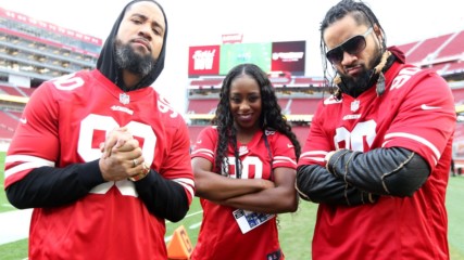 The Usos and Naomi meet San Francisco 49ers player with Connor's Cure cleats
