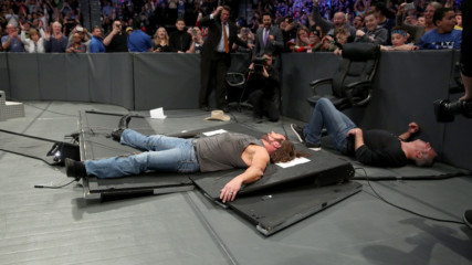 Shane McMahon hits AJ Styles with flying elbow onto the announce table: SmackDown LIVE, March 21, 2017