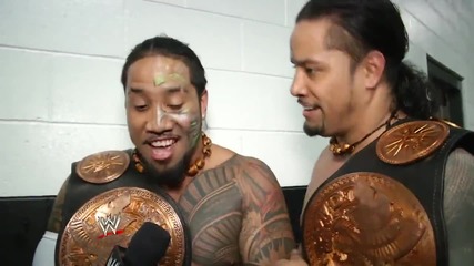 The Usos celebrate a successful Wwe Tag Team Title defense: Money in the Bank, June 29, 2014