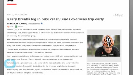 Kerry Breaks Leg in Bike Crash; Ends Overseas Trip Early