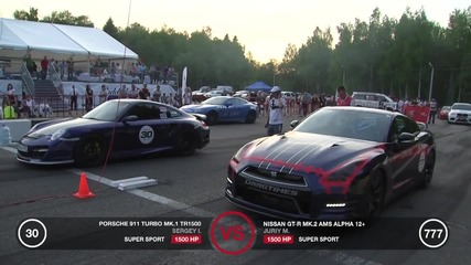 драг между Nissan Gt-r ams alpha 12+ (1500kc) и Porsche 911 Turbo (1500kc) — инцидент