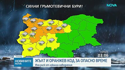 Оранжев и жълт код за значителни валежи и гръмотевични бури в половин България