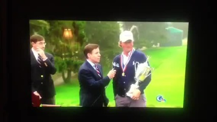 Crazy man doing bird calls during victory interview