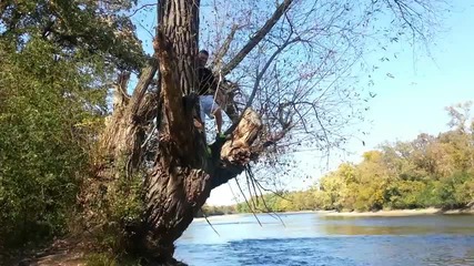 Човек пада по гръб след скок от дърво