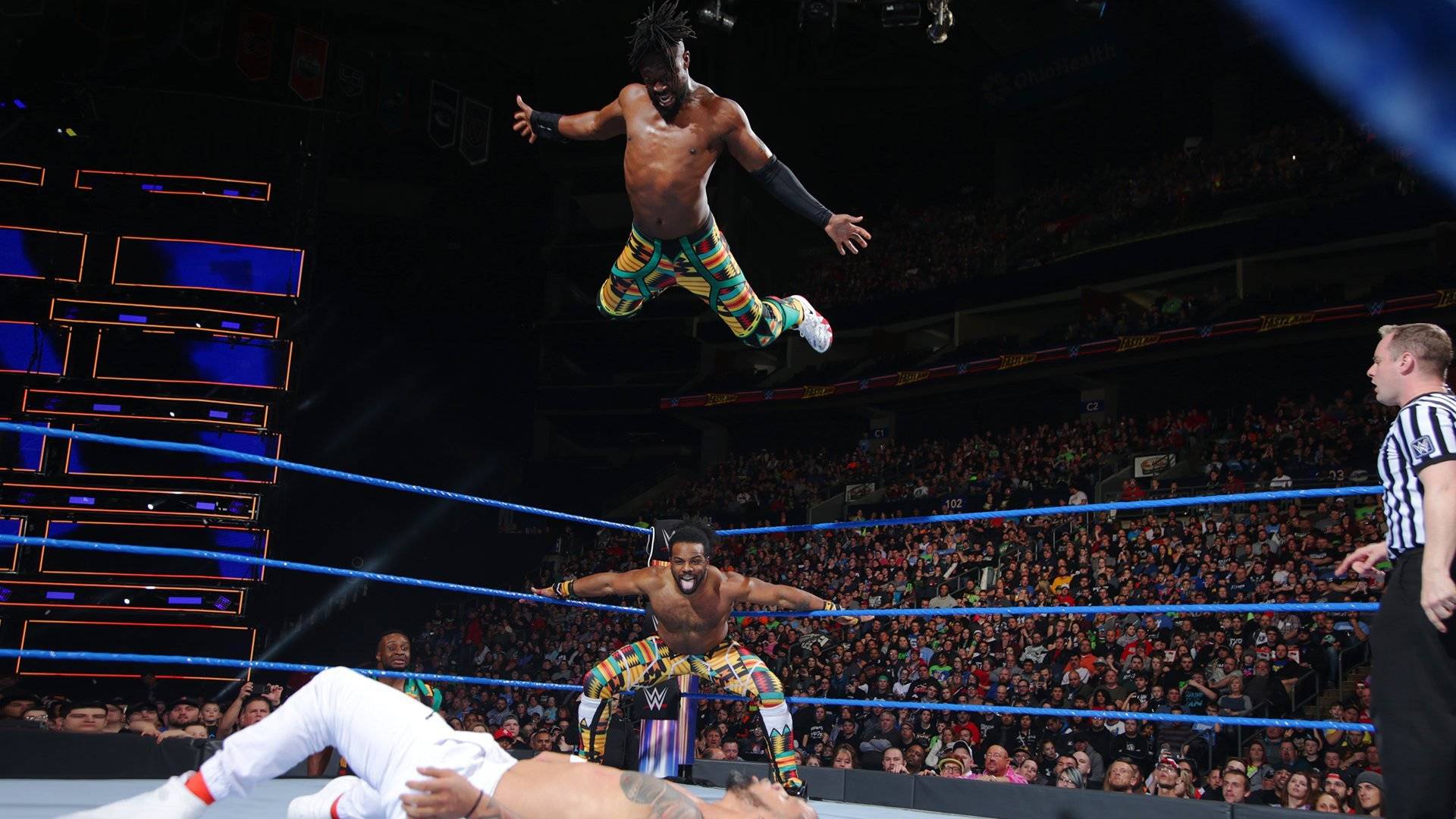 Kofi Kingston stuns Jey Uso with a splash from the top rope: WWE Fastlane 2018 (WWE Network Exclusive)
