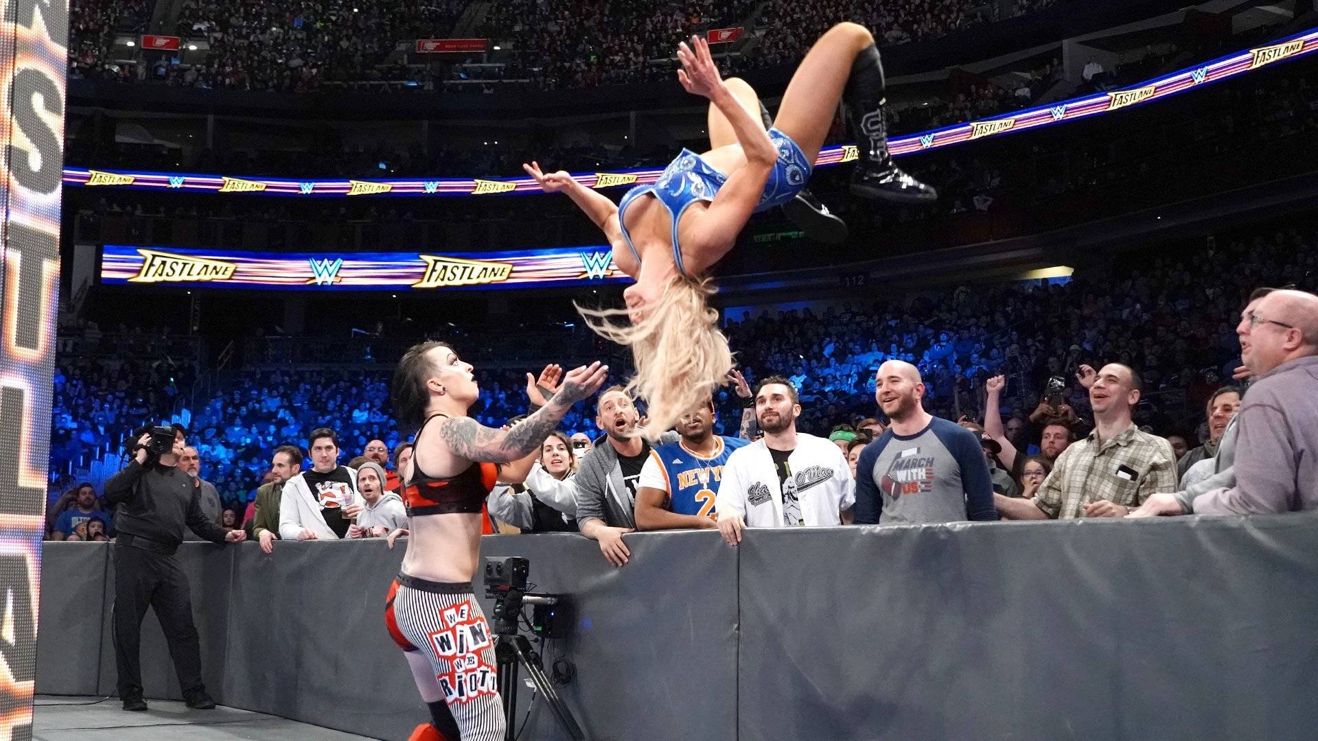 Charlotte Flair hits a vicious moonsault on Ruby Riott from atop the ringside barrier: WWE Fastlane 2018 (WWE Network Ex
