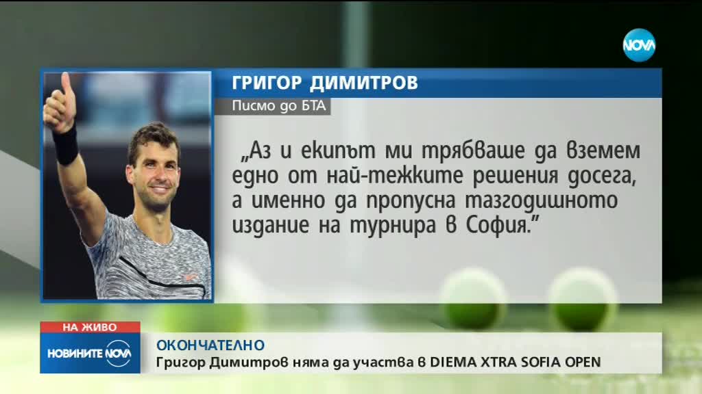 Григор Димитров няма да участва в турнира DIEMA XTRA Sofia Open