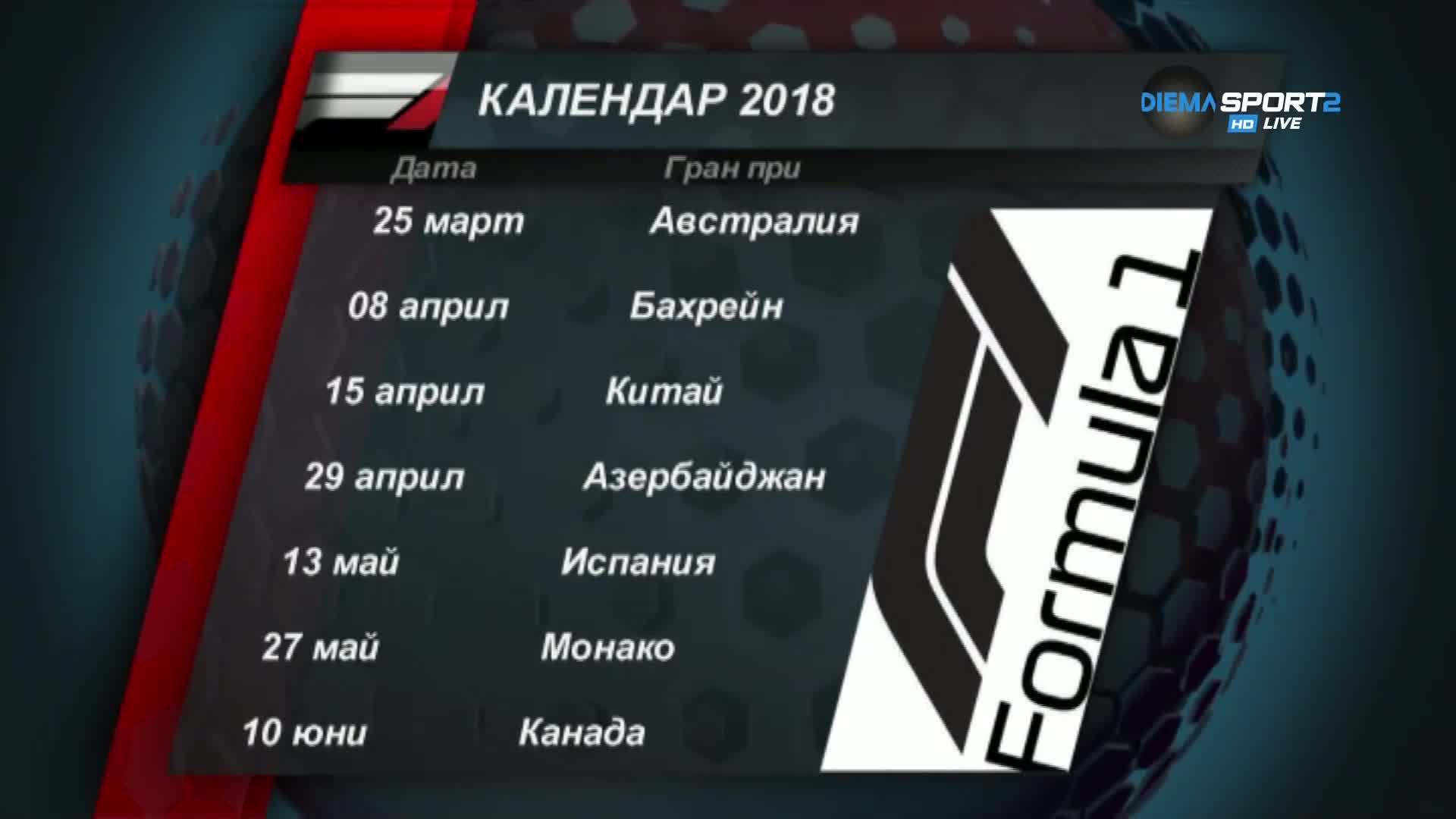 Календарът за сезон 2018 във Формула 1