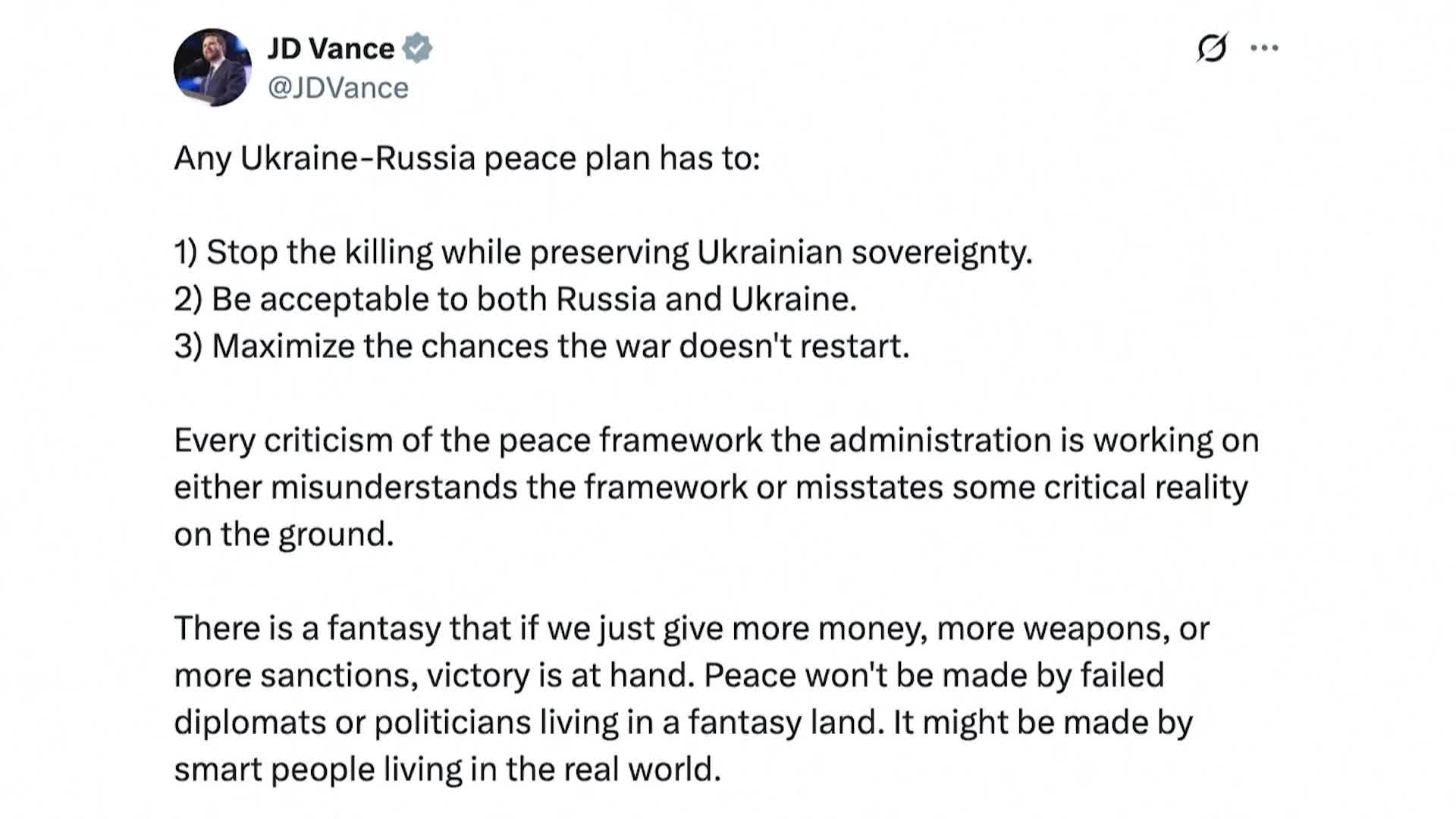 Джей Ди Ванс: „Фантазия“ е да се мисли, че Украйна може да победи с повече пари и оръжия от САЩ