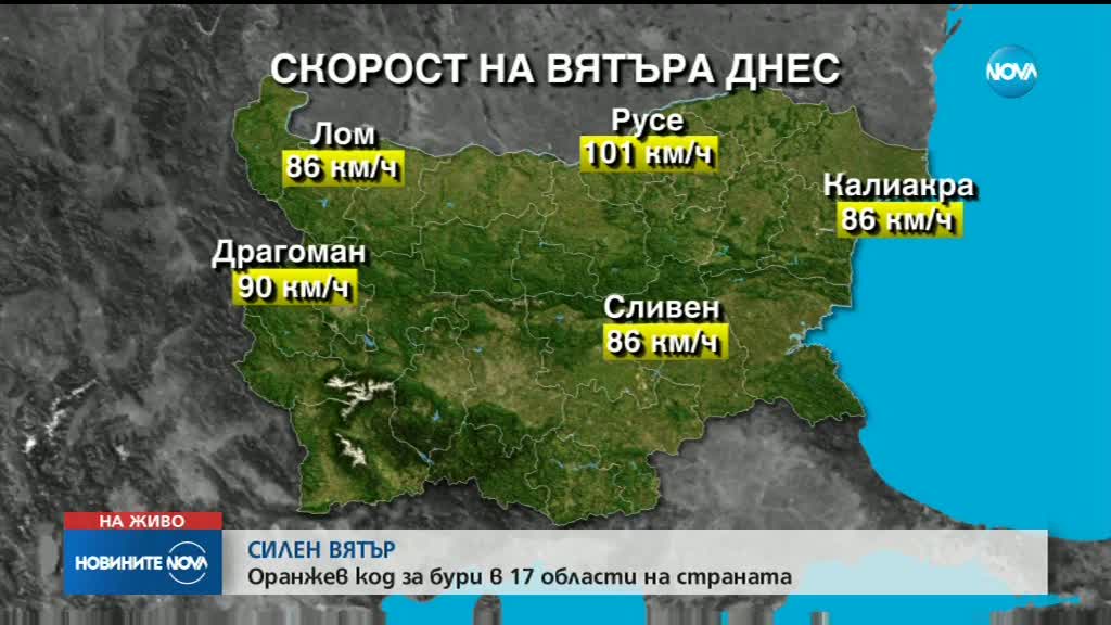 Оранжев код за силен вятър в 17 области у нас