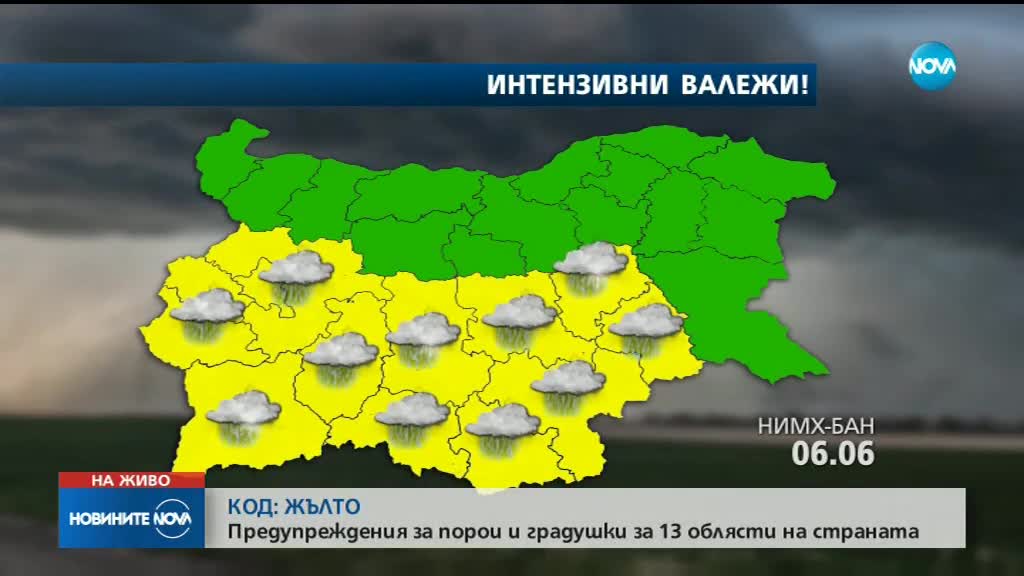 Жълт код за порои и градушки в 13 области в сряда